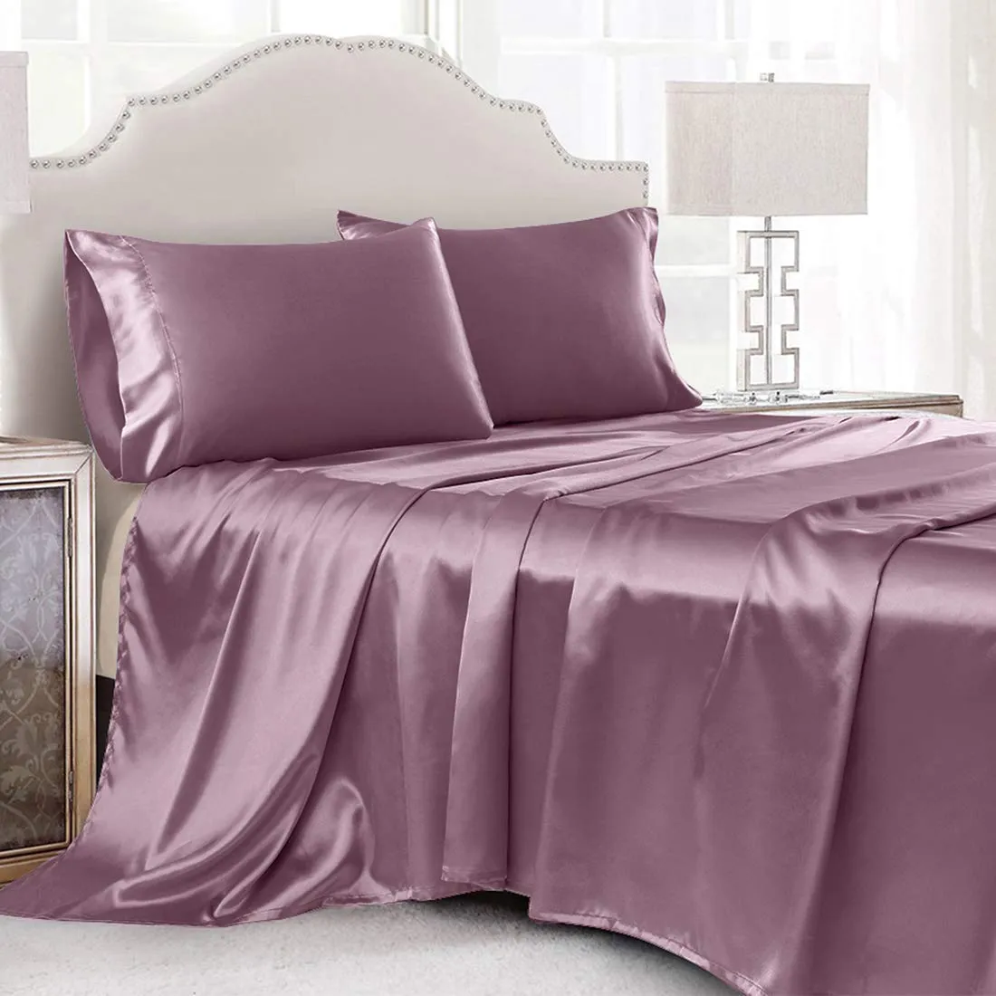 Cobedzy Satin Sheets Full Size, 4 Pcs Silky Soft Satin Bed Sheets Full Set with Deep Pockets, Extra Smooth & Luxurious Microfiber Sheet for Hair and Skin(Purple)