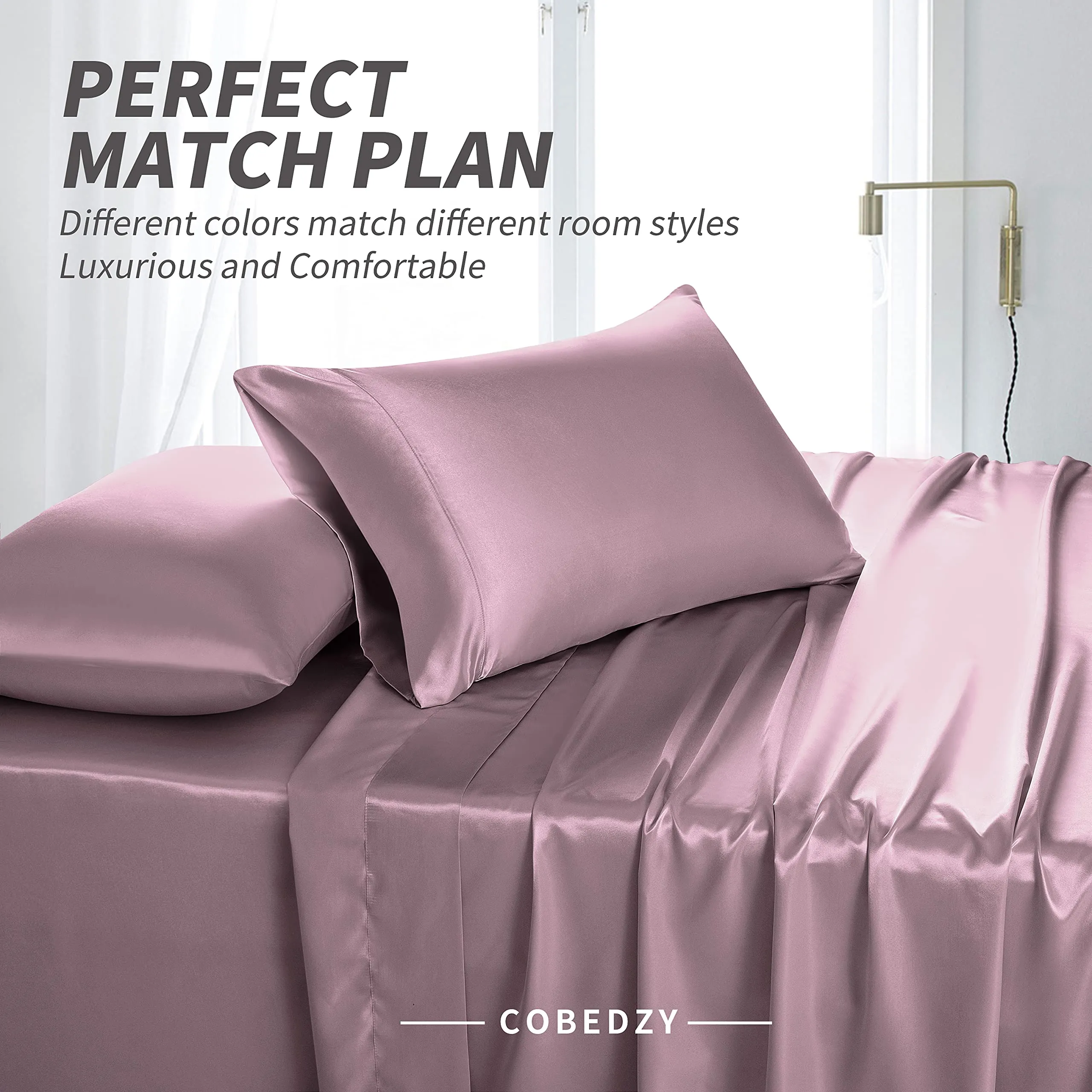 Cobedzy Satin Sheets Full Size, 4 Pcs Silky Soft Satin Bed Sheets Full Set with Deep Pockets, Extra Smooth & Luxurious Microfiber Sheet for Hair and Skin(Purple)