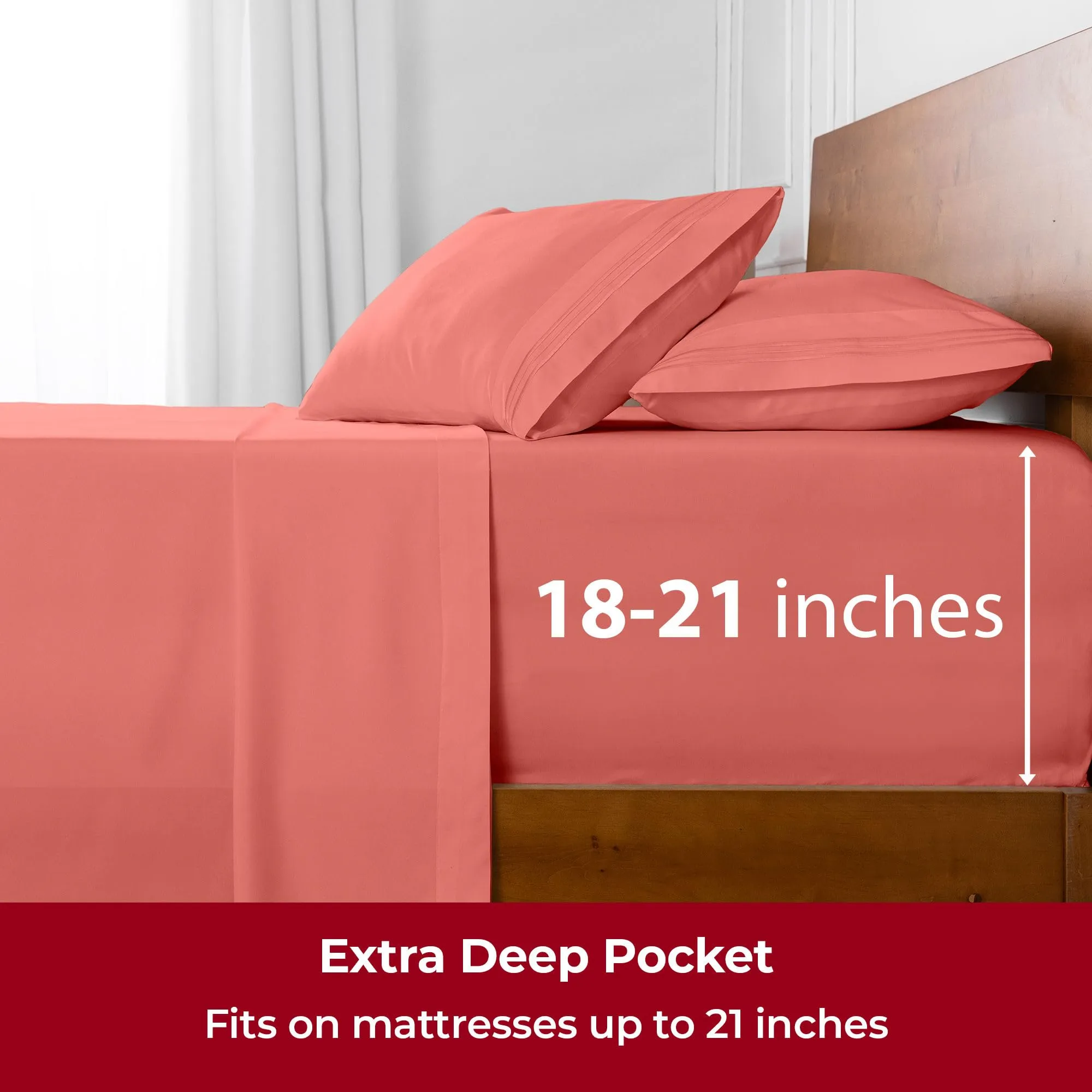 Mellanni Bed Sheet Set - Brushed Microfiber 1800 Bedding - Wrinkle, Fade, Stain Resistant - 4 Piece (for Extra Deep Mattresses, Queen, Coral)