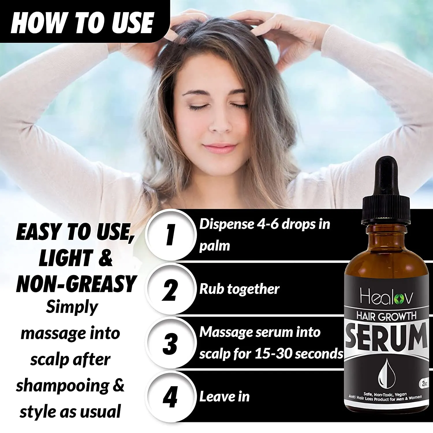 Natural Hair Growth Serum, 2 Oz – Intensive Fast Grow Blend of Essential Oils – Thickening, Strengthening Damage Repair Treatment for Thinning, Baldness – Safe, Nontoxic, Vegan anti Hair Loss Products for Men & Women