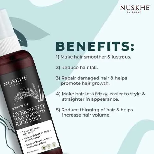 Nuskhe by Paras Ayurvedic Overnight Hair Growth Rice Mist for Extreme Hair Growth -100 ml. Fermented Rice Water combined with Coffee, Bhringraj and Amla| Reduce Hair Fall