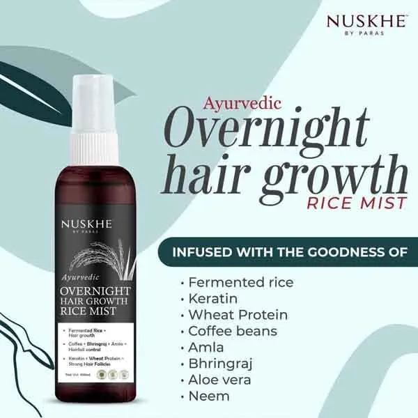 Nuskhe by Paras Ayurvedic Overnight Hair Growth Rice Mist for Extreme Hair Growth -100 ml. Fermented Rice Water combined with Coffee, Bhringraj and Amla| Reduce Hair Fall