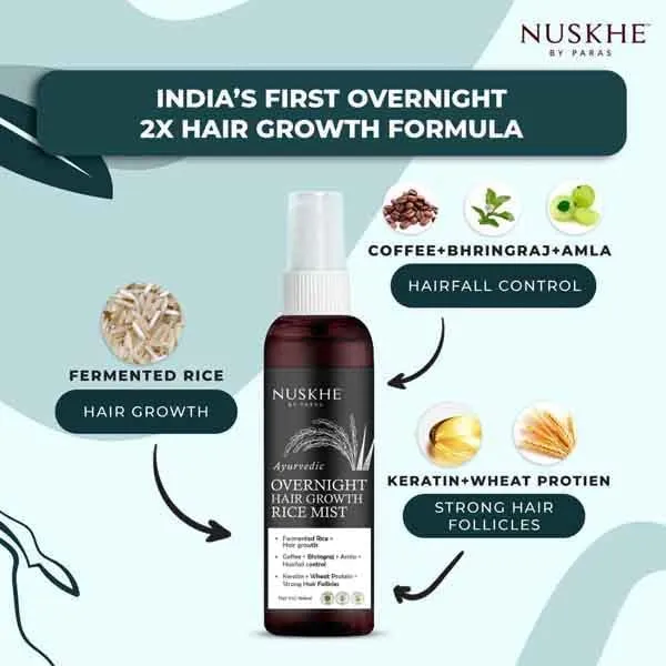 Nuskhe by Paras Ayurvedic Overnight Hair Growth Rice Mist for Extreme Hair Growth -100 ml. Fermented Rice Water combined with Coffee, Bhringraj and Amla| Reduce Hair Fall