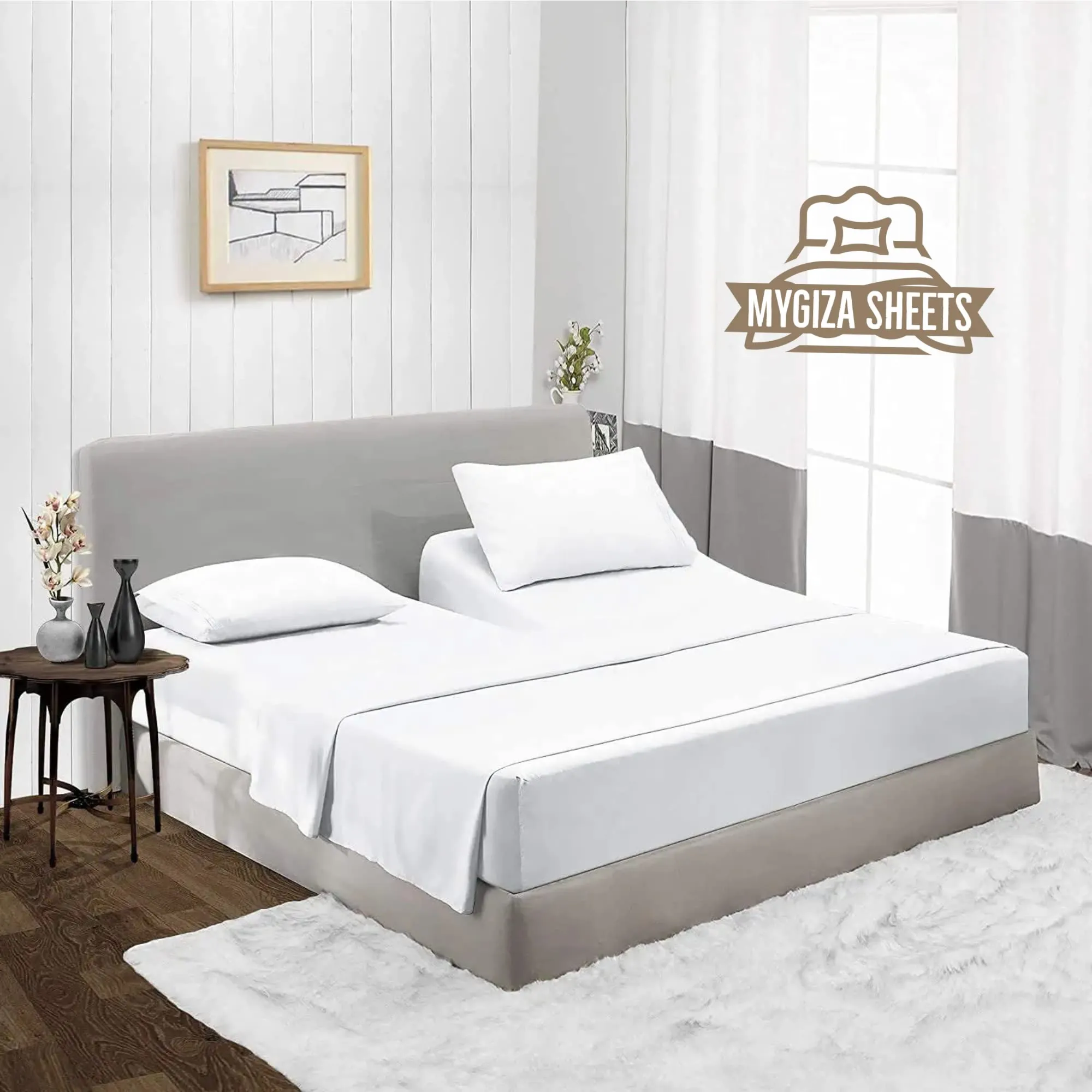 Top Split King Sheets Sets for Adjustable Bed-Sleep Number Sheets Split Top King-King 34" Top Split King Sheets -4 Pcs Set Split Top King Sheets 100% Giza Egyptian Cotton Upto15-18" Deep (White )