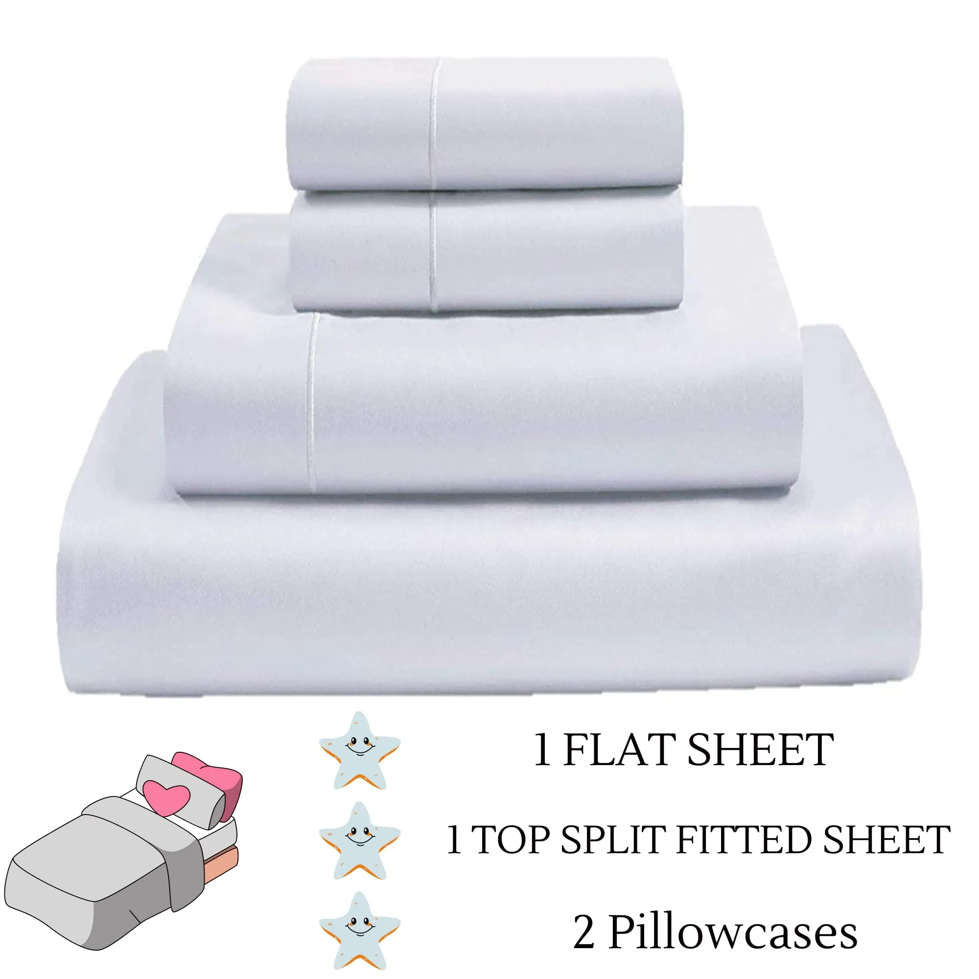 Top Split King Sheets Sets for Adjustable Bed-Sleep Number Sheets Split Top King-King 34" Top Split King Sheets -4 Pcs Set Split Top King Sheets 100% Giza Egyptian Cotton Upto15-18" Deep (White )