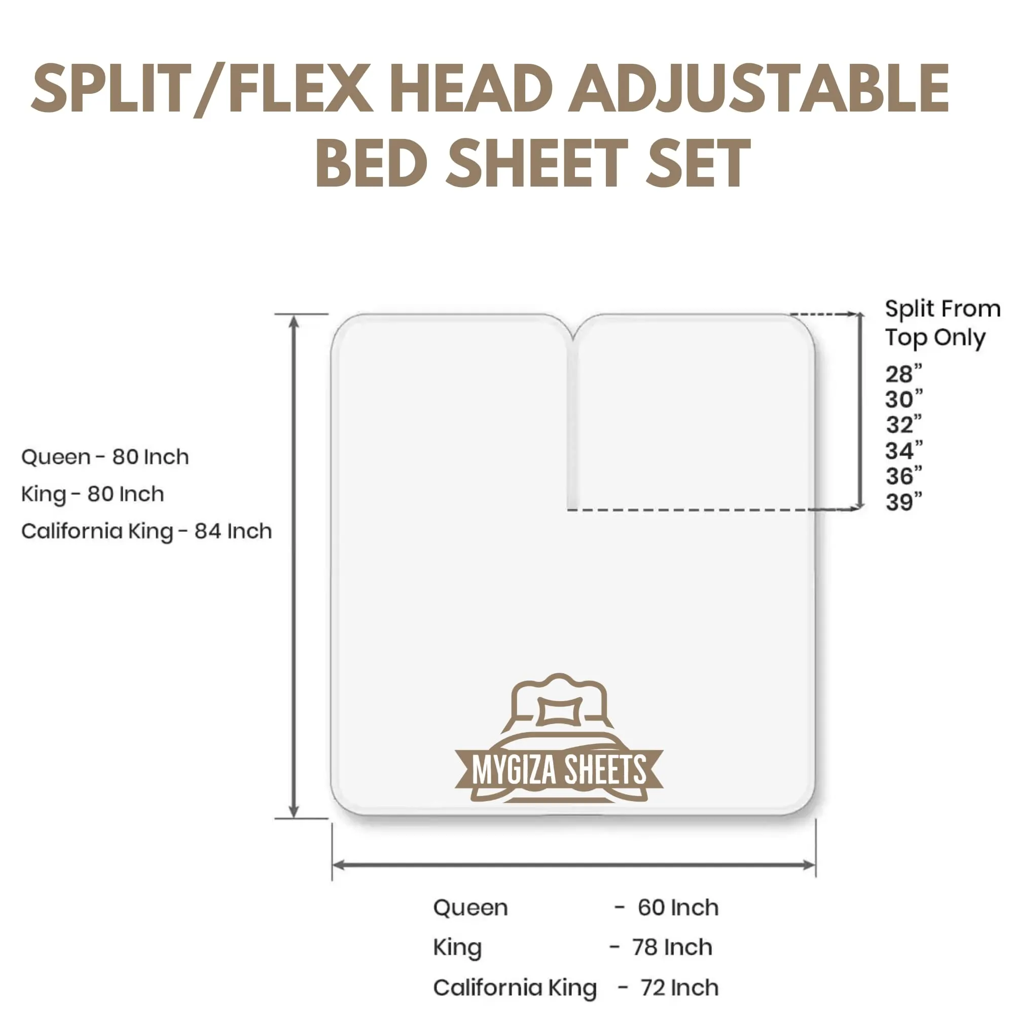 Top Split King Sheets Sets for Adjustable Bed-Sleep Number Sheets Split Top King-King 34" Top Split King Sheets -4 Pcs Set Split Top King Sheets 100% Giza Egyptian Cotton Upto15-18" Deep (White )