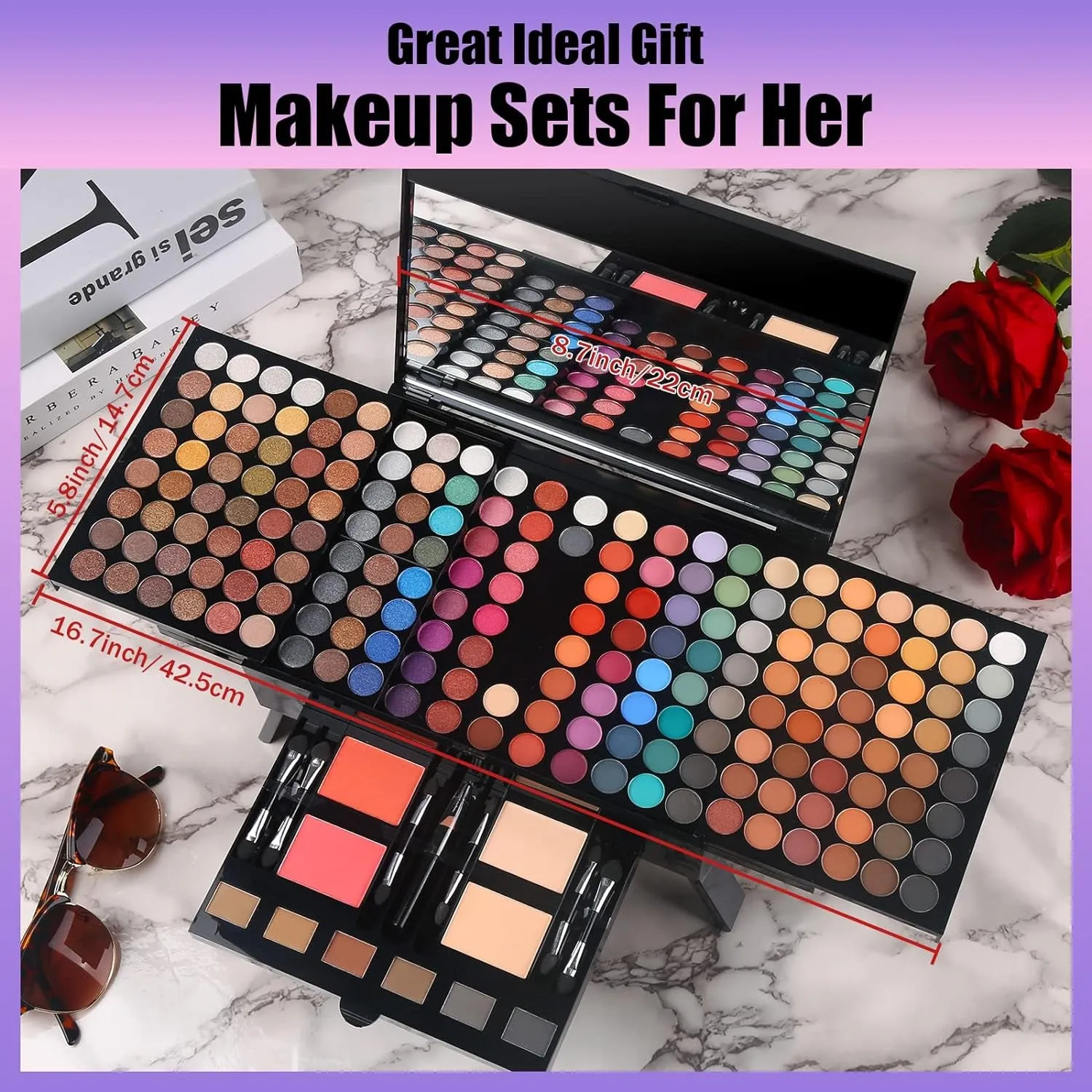 Vibrant Women's Makeup Palette - 190 Colors, Eyeshadows, Blushers, Eyebrow Powders & Mirror