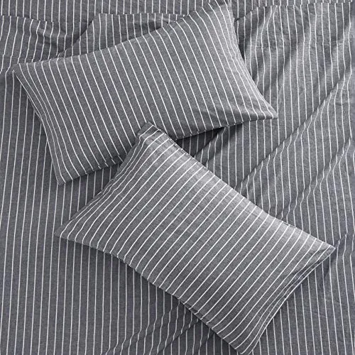 Wake In Cloud - Striped Bed Sheets, 100% Washed Cotton, 4-Piece Sheet Set, Ticking Stripe Vertical Pinstripe Pin Neutral Farmhouse Percale Bedding, Deep Pocket, Gray White, Queen Size