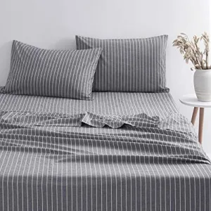 Wake In Cloud - Striped Bed Sheets, 100% Washed Cotton, 4-Piece Sheet Set, Ticking Stripe Vertical Pinstripe Pin Neutral Farmhouse Percale Bedding, Deep Pocket, Gray White, Queen Size