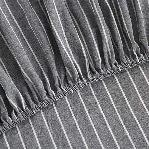 Wake In Cloud - Striped Bed Sheets, 100% Washed Cotton, 4-Piece Sheet Set, Ticking Stripe Vertical Pinstripe Pin Neutral Farmhouse Percale Bedding, Deep Pocket, Gray White, Queen Size